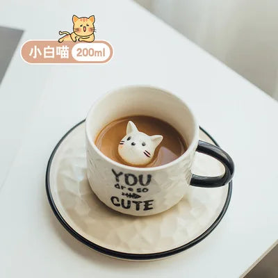 Modern Cartoon Cute Cat Ceramic Coffee Cup with Saucer Cute Cat Animal Porcelain Mug for Kids Birthday Gift Breakfast Milk Mug