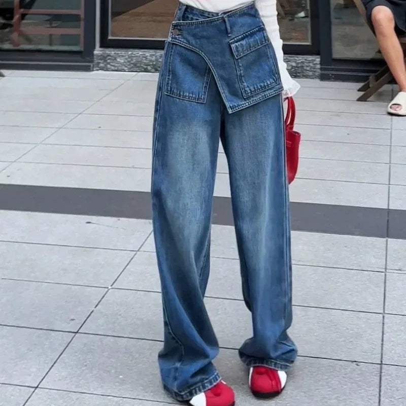 Fake Two-piece Retro High-waisted Wide-leg Jeans Women's Autumn New Loose and Thin Casual Straight-leg Floor Pants