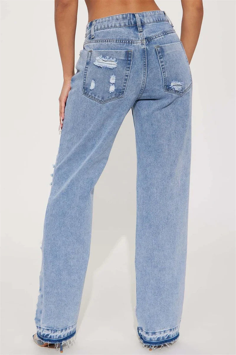 Fashion Ripped Jeans Summer Clothes Women 2024 High Waist Broken Holes Denim Trousers Streetwear Cutout Straight Leg Jean Pants