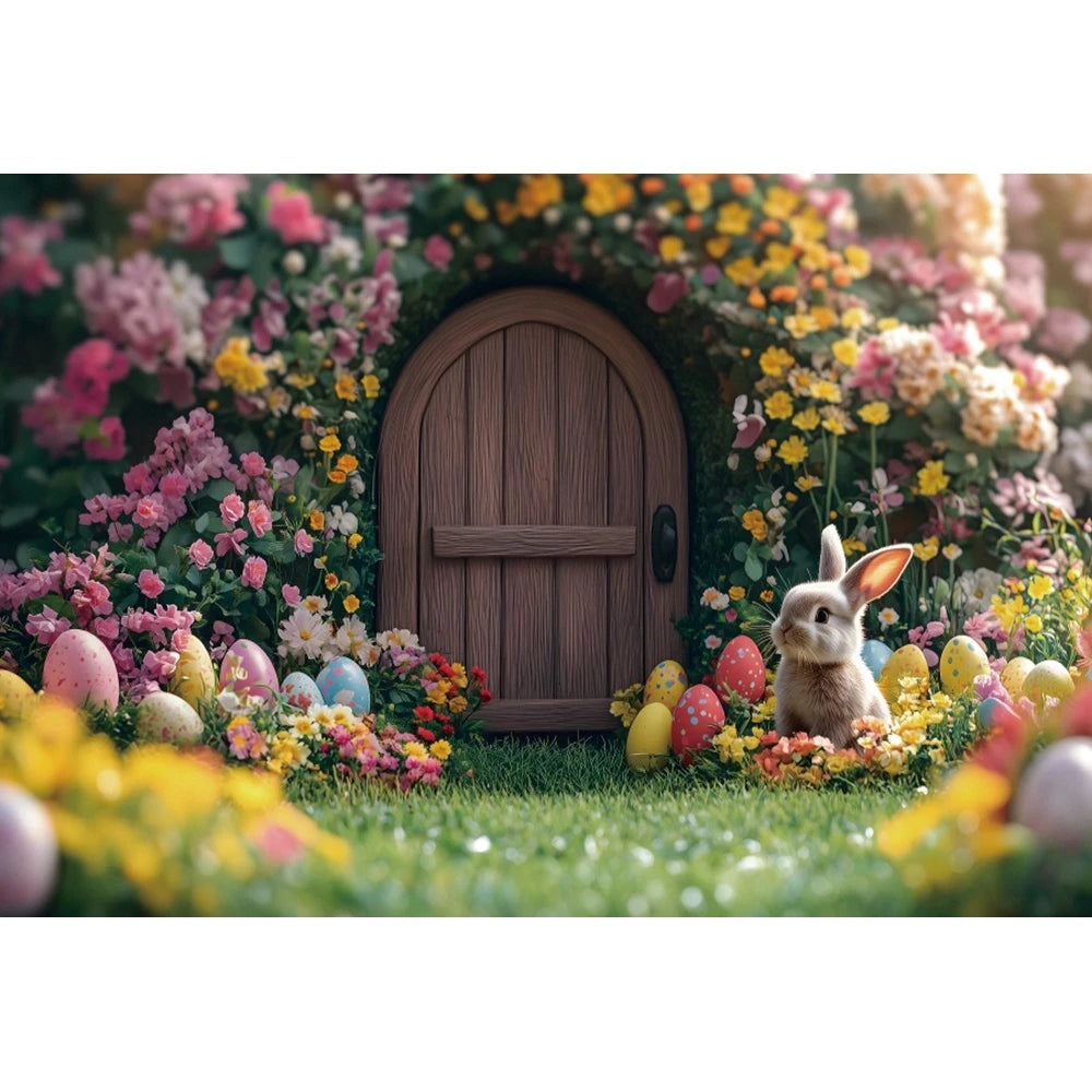 Happy Easter Day Photography Background Blue Wood Board Easter Egg Spring Flower Rabbit Kid Birthday Portrait Photocall Backdrop