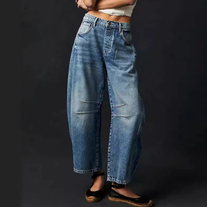 Cotton Denim Long Jeans for Women Trousers Casual High Waisted Jeans Cropped Pants Spring Summer Boho Beach Ladies Baggy Jeans