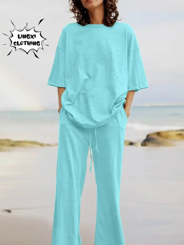 Fashion Women's 2-piece Set 2024 Summer Casual Pocket Set Half Sleeve O-Neck Top and Wide Leg Large Outline Pants Set