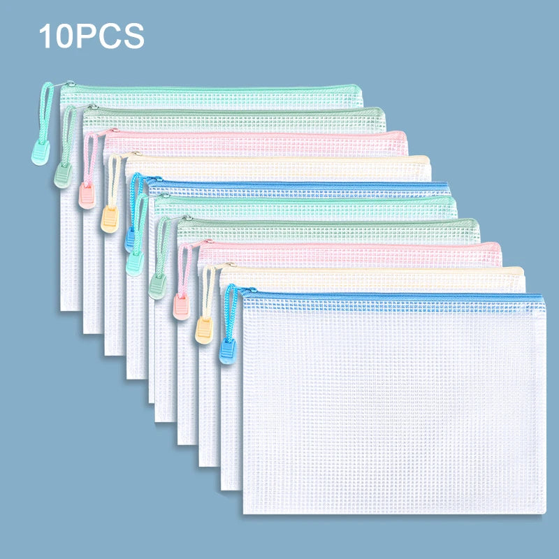 10Pcs Mesh Zipper Pouch Document Bag Waterproof Zip File Folders A4 A5 Size Office School Supplies Storage