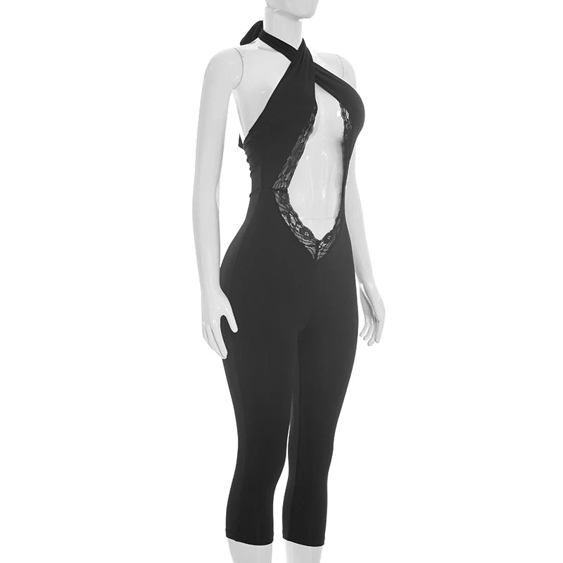 Sexy spicy girl style solid color hollow neck strap seven part jumpsuit