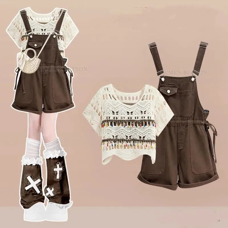 Women's Summer New Casual Short Sleeve Top+Retro Denim Strap Shorts 2-Piece Suit 2026 Korean Elegant T-shirt Pants Matching Set
