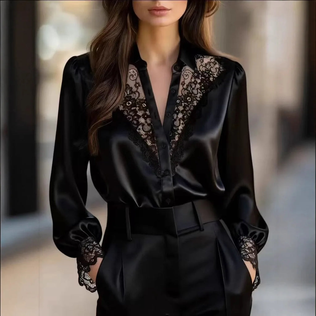 Women Lace Trim Puff Sleeve Shirt Turn Down Collar Single Breasted Office Elegant Ladies Blouse