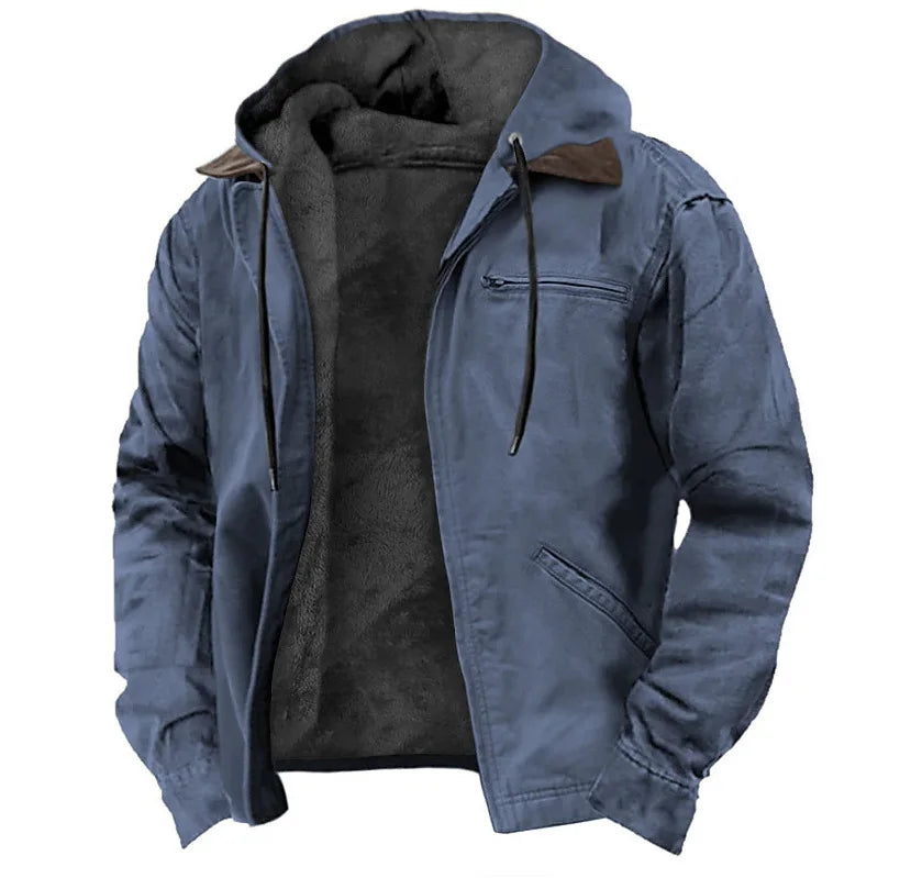 Winter New Men Casual Jackets Hooded Zipper Pocket Fashion Solid Color Fleece Warm Outerwear Male Outdoor Hooded Hoodie Coats