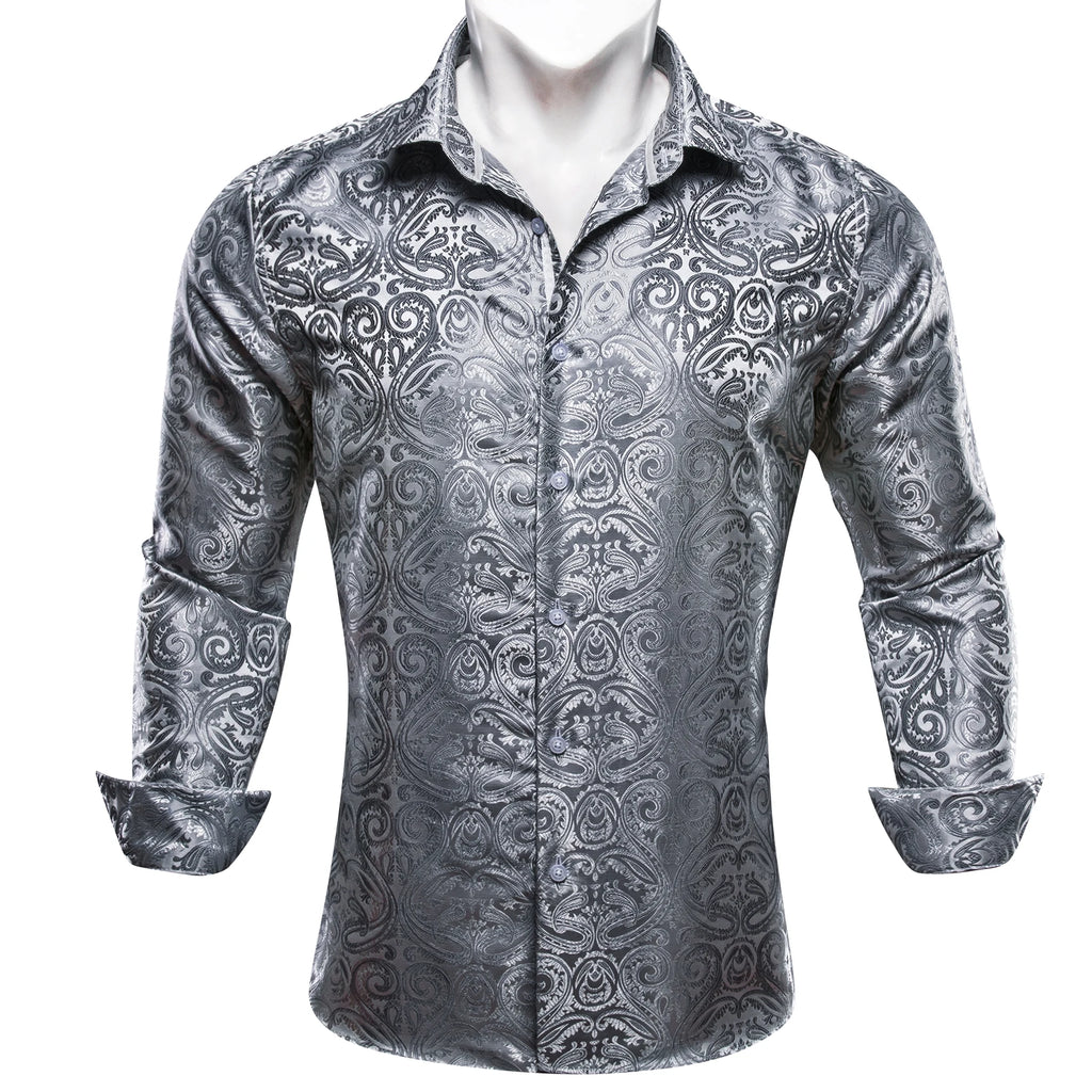 Barry.Wang Luxury Silk Mens Shirts Jacquard Floral Long Sleeve Formal Casual Breathable Male Blouses Wedding Business Prom Gift