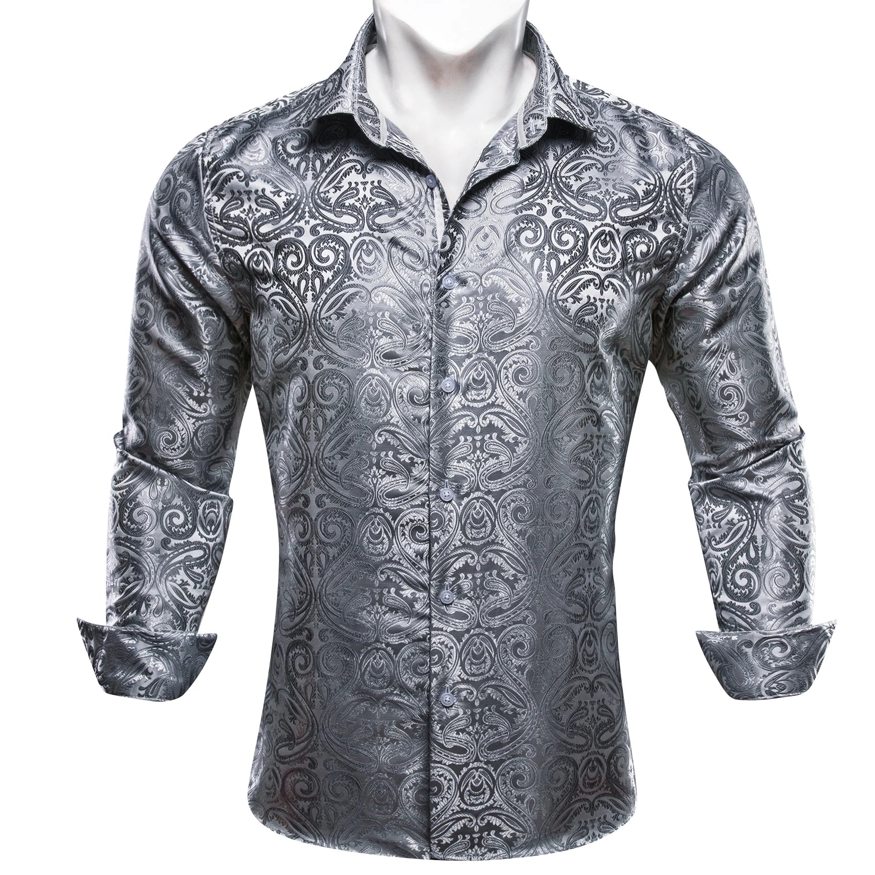 Barry.Wang Luxury Silk Mens Shirts Jacquard Floral Long Sleeve Formal Casual Breathable Male Blouses Wedding Business Prom Gift