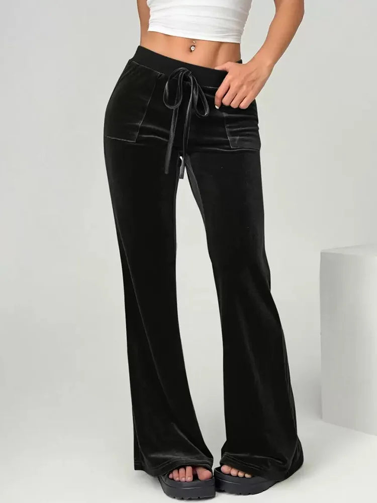 2026 Women's Velvet Trousers Fashion Velvet Solid Color High-Waisted Drawstring Pocket Flared Pant Autumn Winter Casual Pants