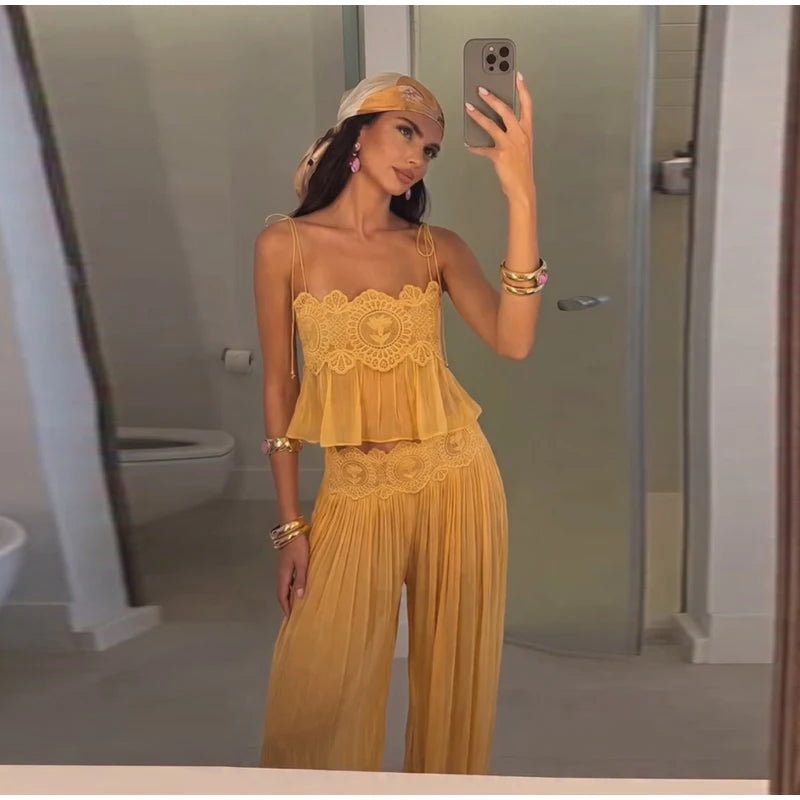 Women Elegant Lace Long Pant Set Square Neck Sheer Ruffle Hem Crop Cami Top High Waist Wide Leg Trousers 2026 Summer Chic Suit