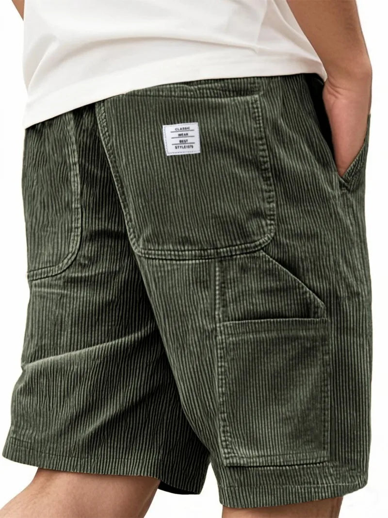 Men's Workwear Shorts Summer Casual Corduroy Loose Elastic Waist Multi-Pocket Leisure Pants Embroidery Retro Style Male Trousers