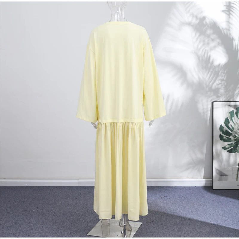 Solid Color Loose Fit Flare Sleeve Tiered Dress Crew Neck Ruffle Hem Pleated Long Maxi Dresses 2026 Spring Chic Casual Outwear