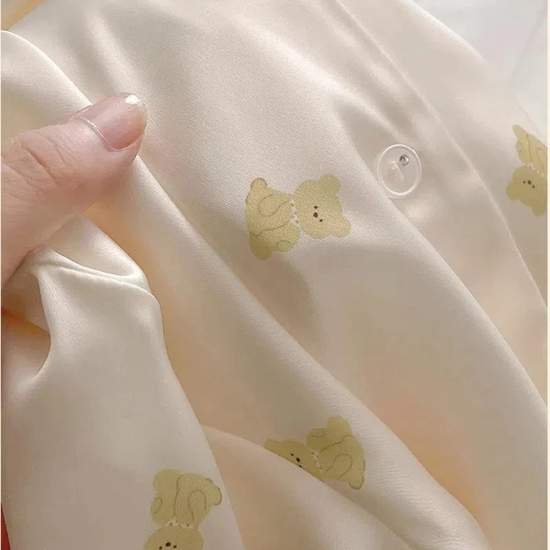 Japan & Korean Sweet Cartoon Bear Women Pajamas Kawaii Lace Classy Casual Nightgown 2024 New Autumn Cute Fashion Home Sleepwear