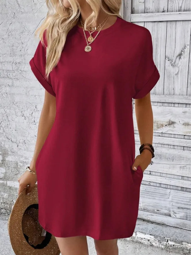 New women's spring and summer fashionable temperament casual commuting solid color round neck loose short sleeved pocket dress