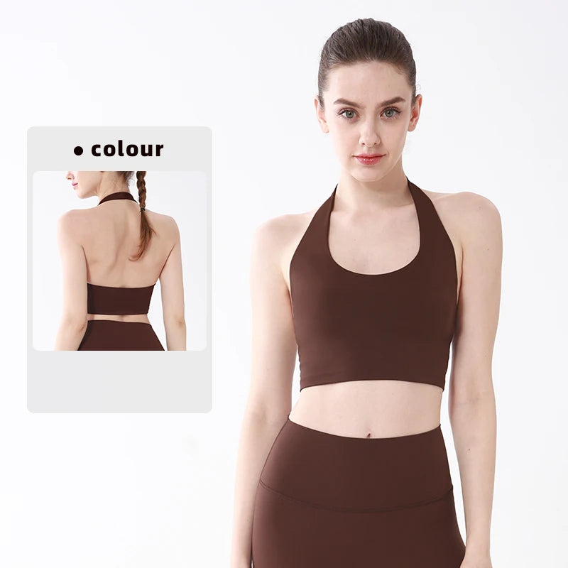 Sports Top Women Sexy Hanging Neck Yoga Bra High Intensity Shockproof Fixed Chest Pad Running Fitness Outdoor Leisure Yoga Vest
