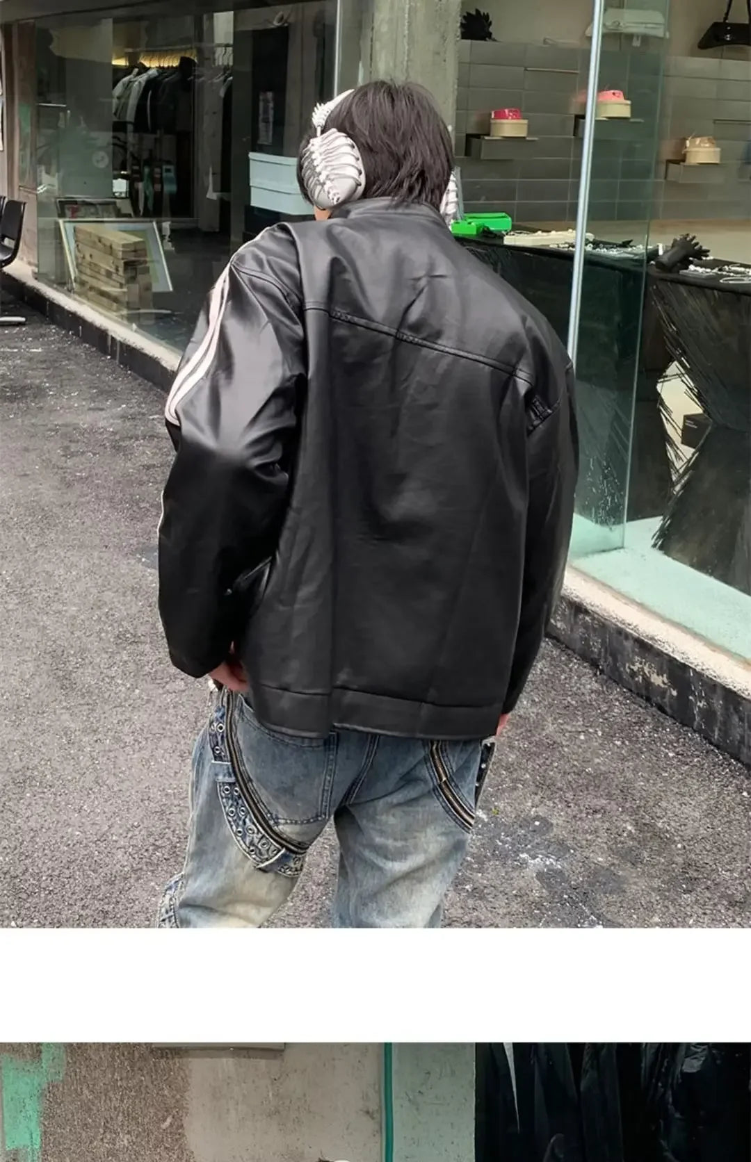 Retro Leather Jacket Men Women  American Patchwork Strip Racing Outerwear Loose Hip Hop Zippers Brown PU Coat Streetwear Spring