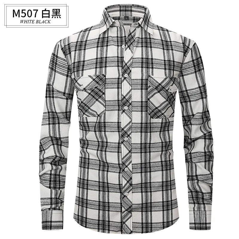 Men's long sleeve shirt ground wool plaid comfortable casual spring summer autumn high quality slim-fit free ironing fast