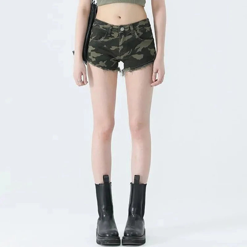 Summer Lady Retro Casual High Waist Denim Pants Girls New Fashion Camouflage Short Jeans Women Raw Edge Thin Shorts