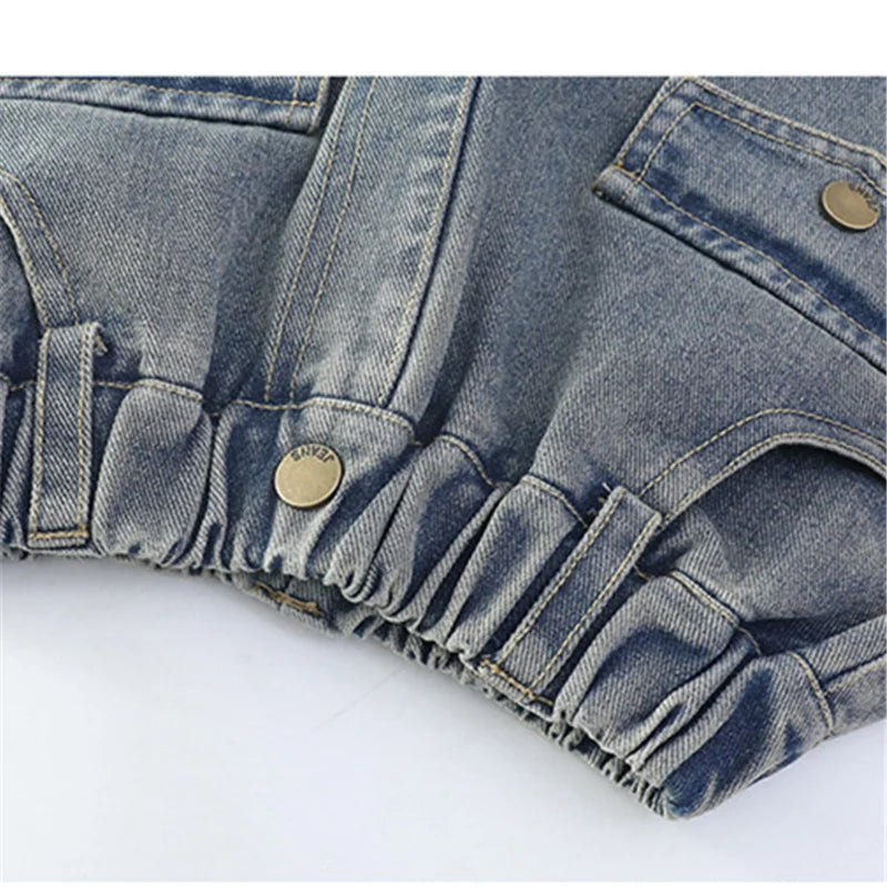 Elegant Fashion Kids Children Cargo Jeans Pants with Multi Pocket for Teenage Girls Loose Straight Casual Denim Trousers 5-14 Y