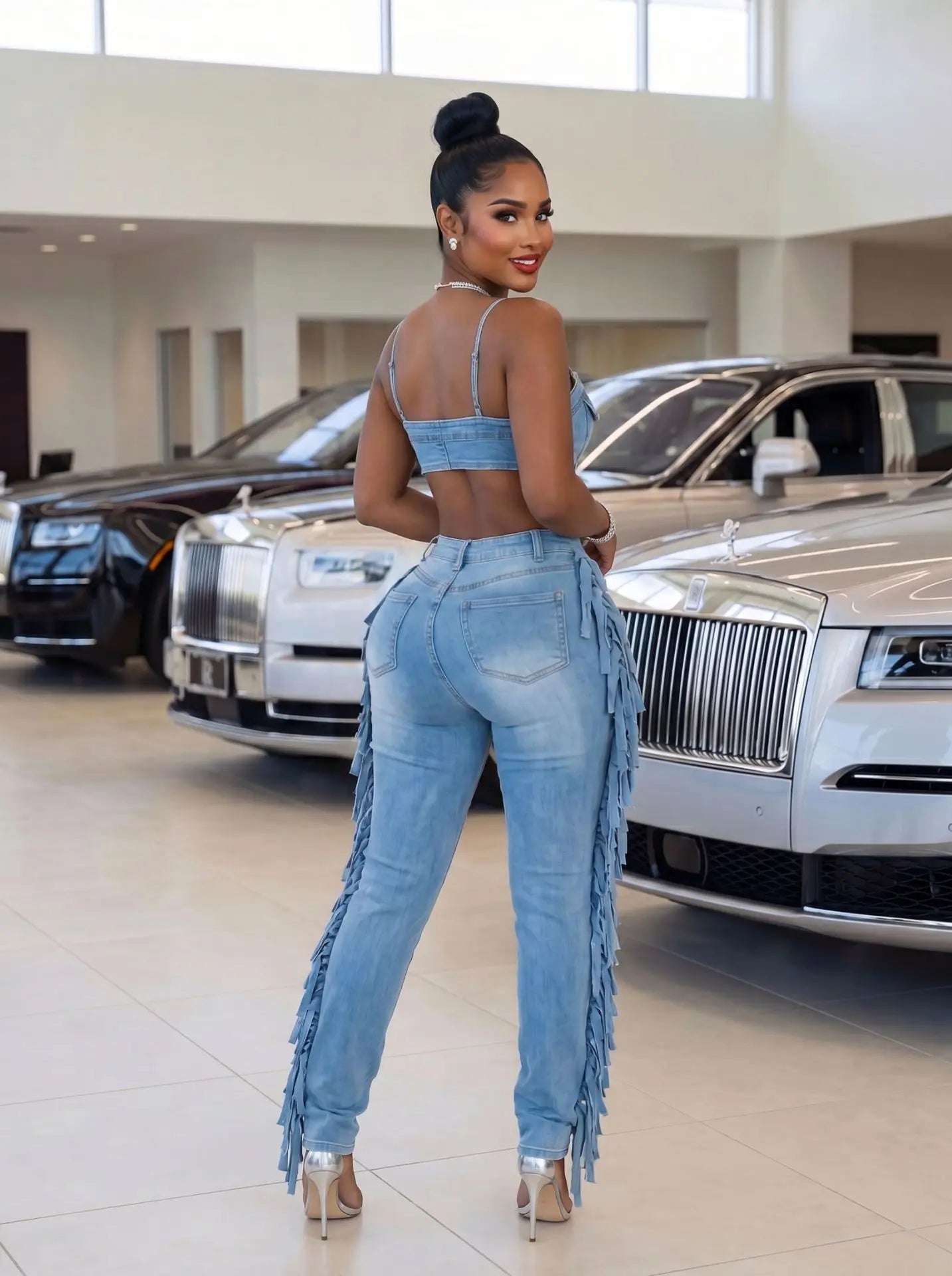 Streetwear Tassel Jeans Stretch Jumpsuit Sexy Women Spaghetti Strap Elegant Hollow Out Denim Pencil Overalls Romper