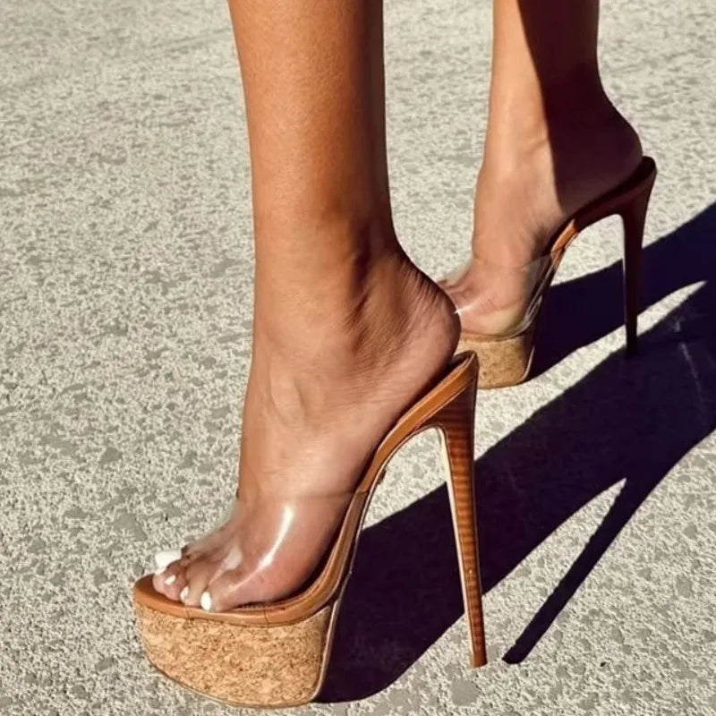 Summer New Women's Cork Textured Platform Pointed Toe Mule Sandals PVC Single Strap Thin Heel Slip On Beach Fashion Slippers