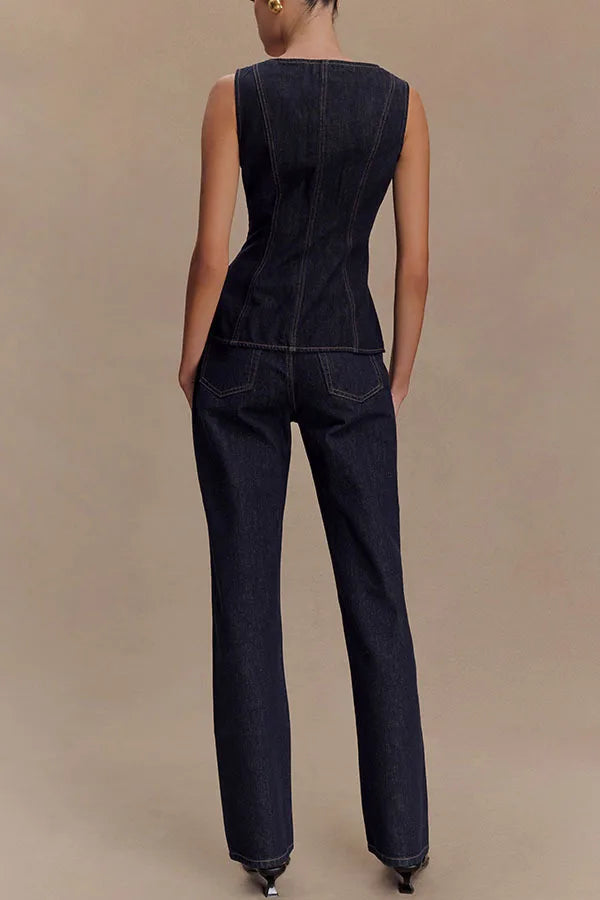 Summer Denim Pant Sets Women 2025 Fashion Sleeveless Single Bretted Vest Tops And High Waist Baggy Jeans 2 Piece Set Woman