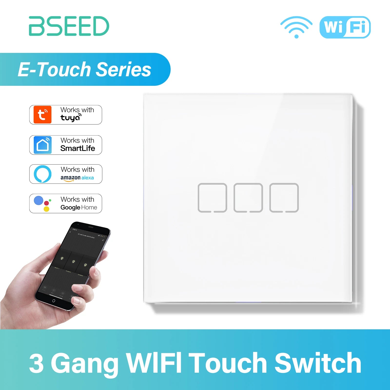BSEED 1/2/3/4Gang WIFI Touch Switch Glass Panel Smart Wall Light Switch Touch Screen Phone Fast Charge USB C Socket E Series