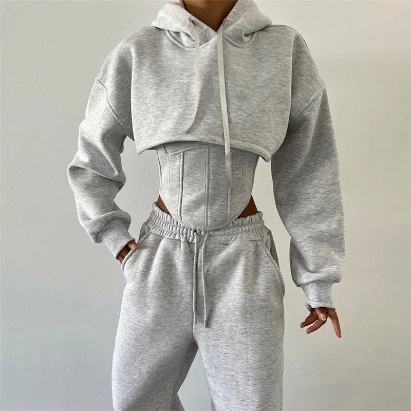 Women Hooded 3 Piece Set Corset Vest Cropped Sweatshirt Elastic Waist Pants Tracksuit Autumn Casual Lady Streetwear Matching Set