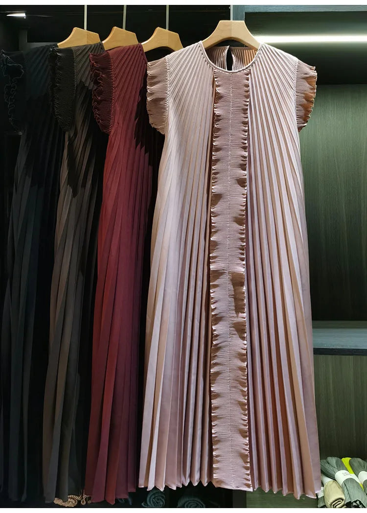 Miyake Pleated Solid Color Dresses High-End 2026 Ruffled Handmade Pleats Solid Color Fold Dress Summer Elegant Sleeveless Dress