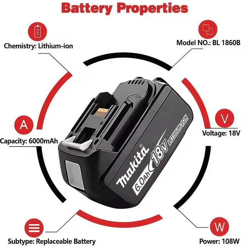 Original Makita 18V 6.0Ah Rechargeable Battery ,For Makita BL1830 BL1830B BL1840 Power Tools Battery+electric drill+charger