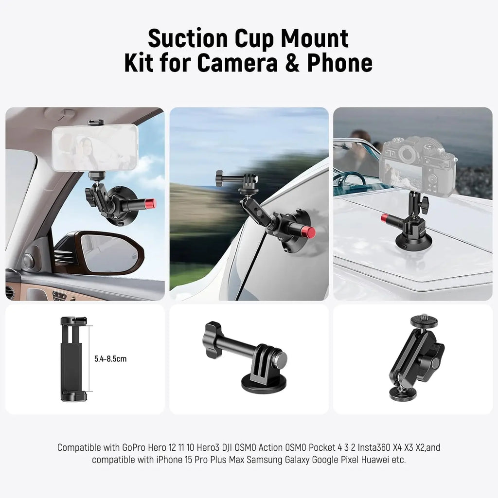 NEEWER 3" Suction Cup Camera Mount Bracket with Ball Head Magic Arm Quick Release Car Mount For iPhone DJI Insta360 CA104