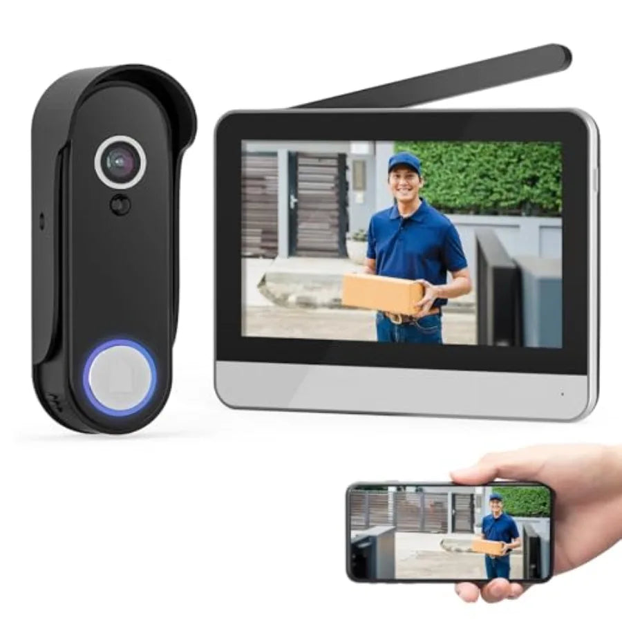 Wireless Smart Video Doorbell System for home security, ABS plastic, black, 7 touchscreen display with 1080P video, motion dete