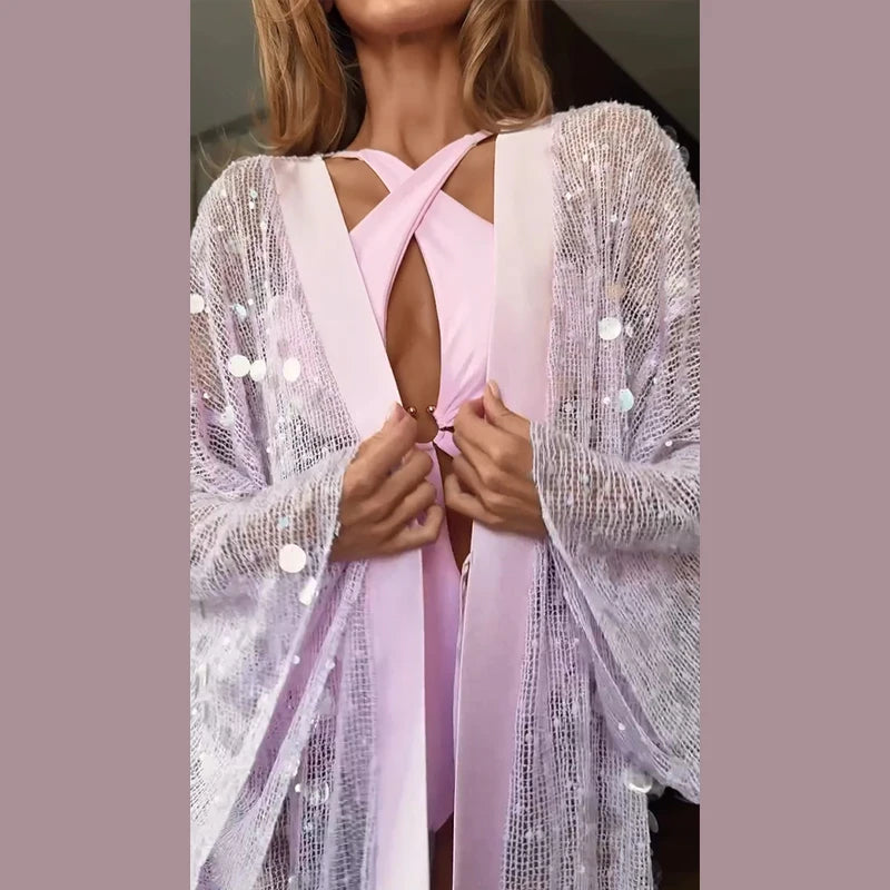 Sexy Sequined Women's Cardigan Dress Mesh Long Sleeve Loose Lace Up Ankle-Length Dresses 2026 Summer Chic Female Vacation Robe