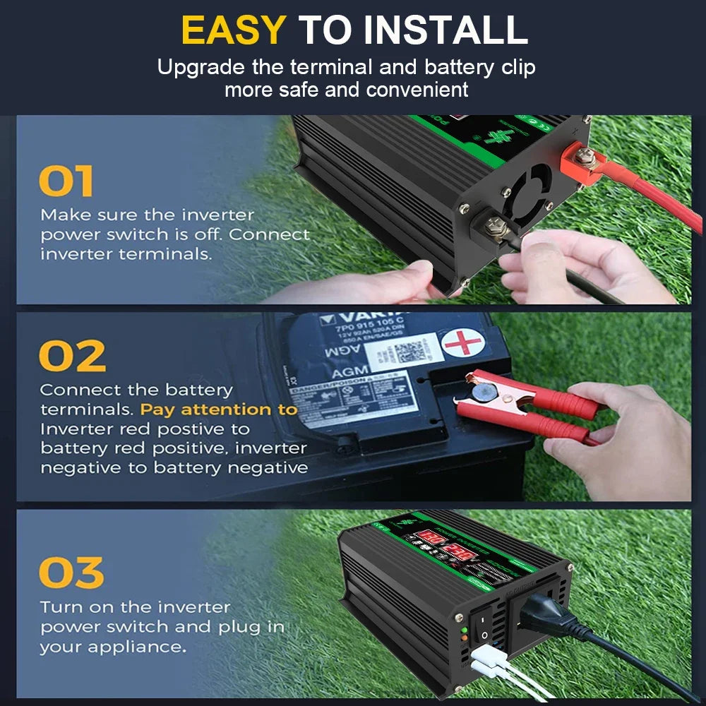 4000W Solar Inverter Portable Power Bank DC 12V to AC 110/220V Dual USB LCD Display Car Converter for Camping RV Universal Plug
