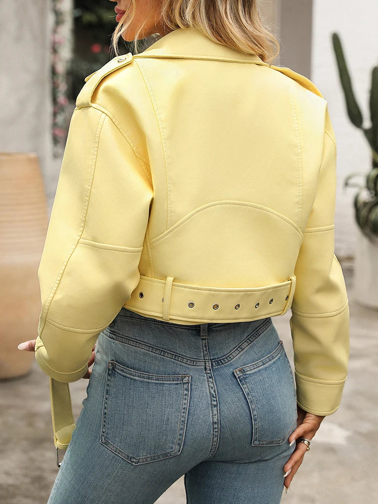 Ailegogo New Spring Autumn Women Street Casual Short Faux Leather Jacket Moto Biker Female Zipper Belt Loose Coat Outwear