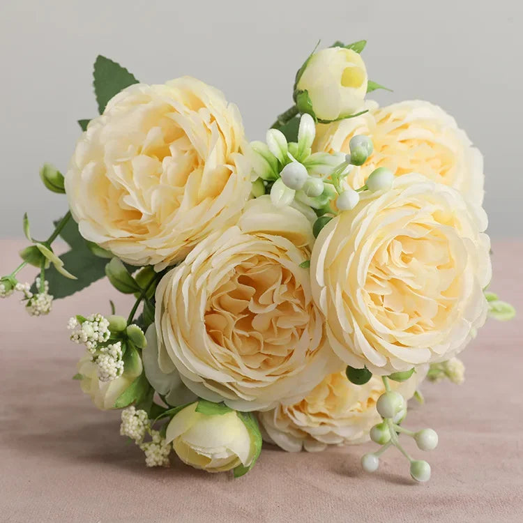 30cm Rose Pink Silk Peony Artificial Flowers Bouquet 5 Big Head and 4 Bud Cheap Fake Flowers for Home Wedding Decoration indoor