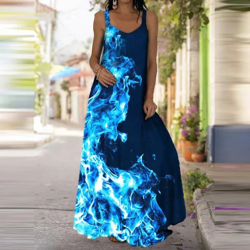 Women's Fashionable Flame Printed Sleeveless Dress  Summer Casual Printed Long Dress