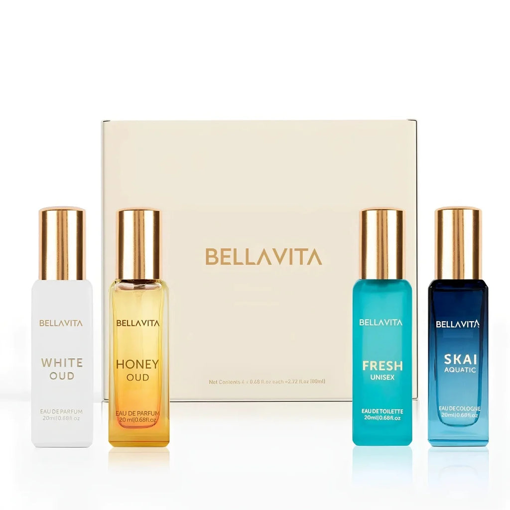 Bella Vita Women's Luxury Long-Lasting Perfume Gift Set | 4 x 20ml, Floral Fruity Fragrance & Men's Luxury Perfume Gift Set