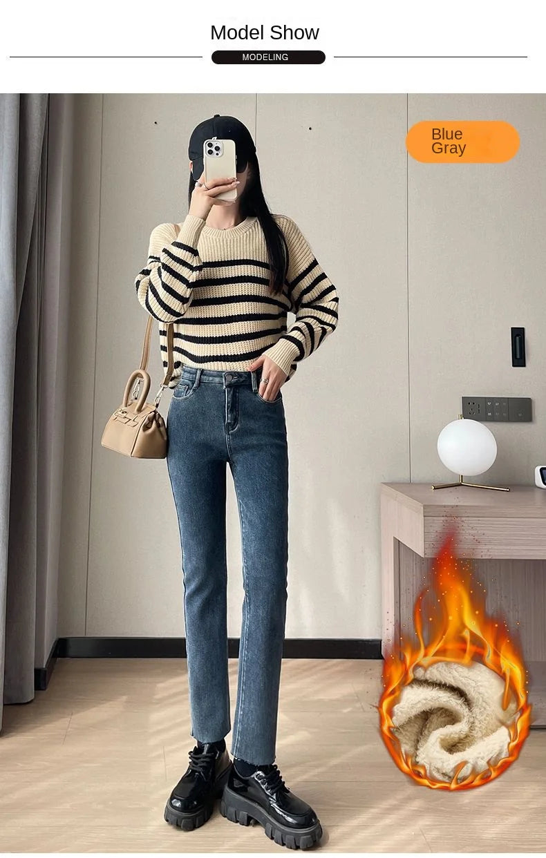 Womens Jeans Fleece Lined Thickened Winter Warm Straight Leg Loose Fit High Waist Slimming Trousers Y2k Clothes Y2k Jeans