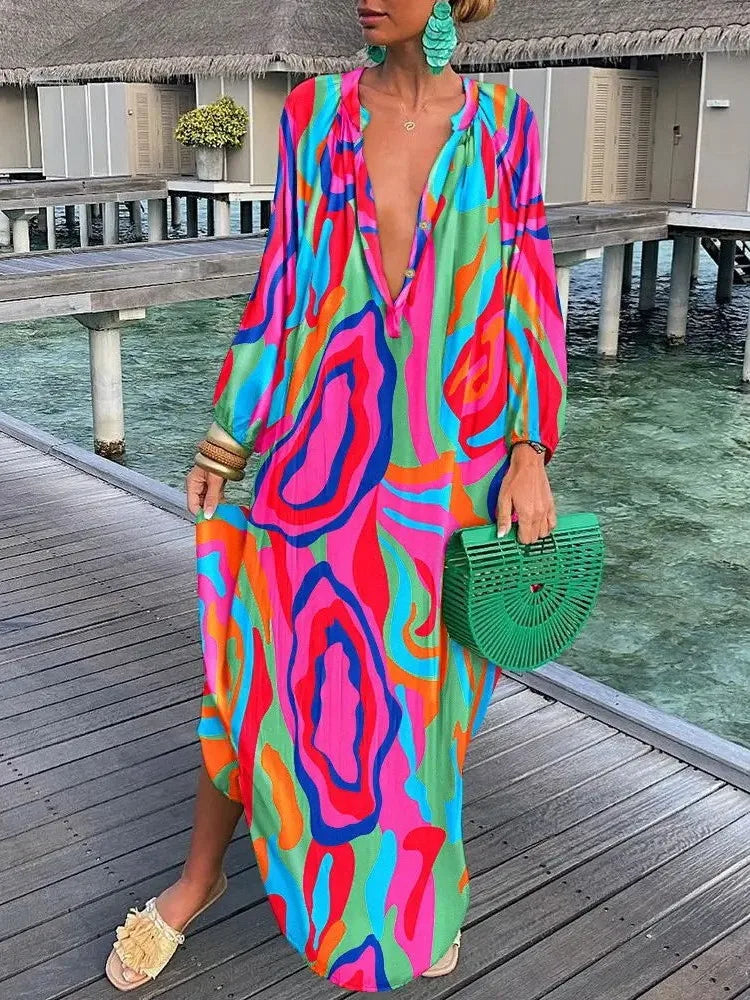 Autumn Women's Print Casual Dress New Fashion V-neck Long Sleeve Loose Holiday Party Long Dresses For Women Robe Femme 2024