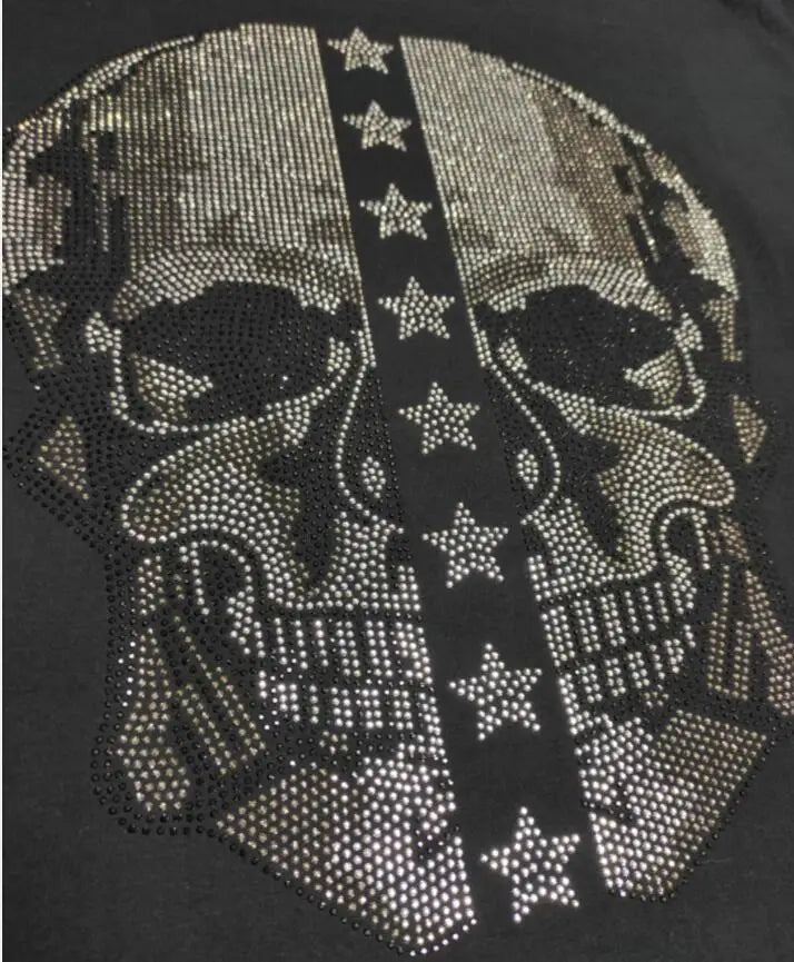 2025 Summer New Luxury Men's Fashion Skull Design Rhinestones T-Shirt Pure Cotton Crew-Neck Casual High Quality