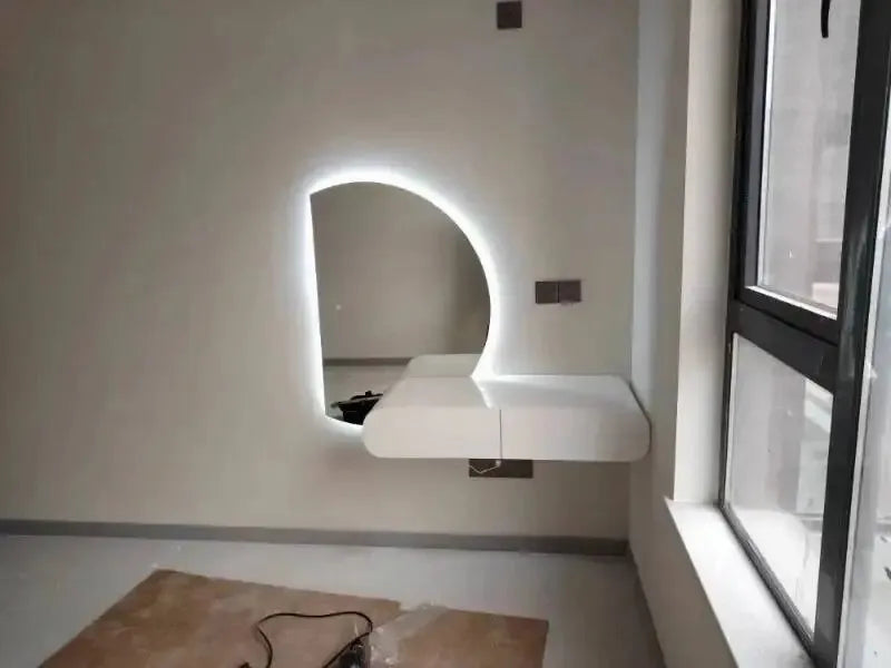 Cream Minimalist Wall Mounted Dressing Table with Mirror Suspended Vanity Desk for Bedroom Small Space Modern Makeup Table