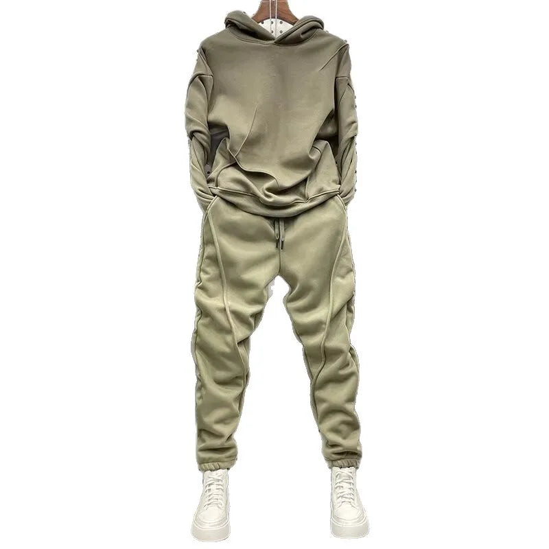Men's autumn and winter solid color sports and leisure set, long sleeved hoodie, leg binding, youth 2pcs set