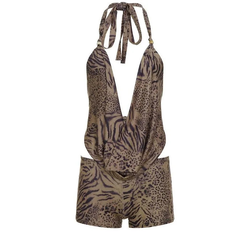 Women's Leopard Print Halter Top And Short Set Backless Sveless Summer Fashion Ensemble Female Spring 2026 Collection