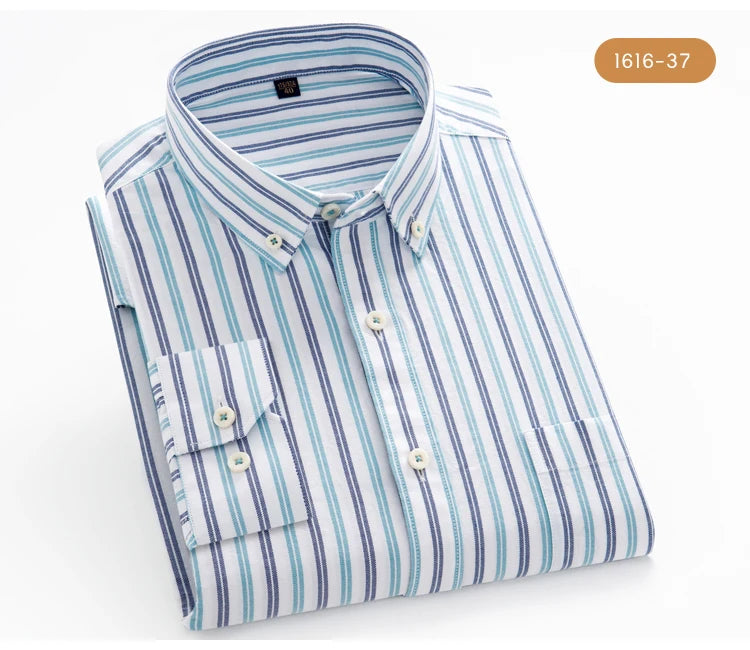 Men's 100% Cotton Breathable Oxford Fabric Dress Shirt, Plaid Striped Casual Long Sleeve, Button-Up with Collar and Chest Pocket