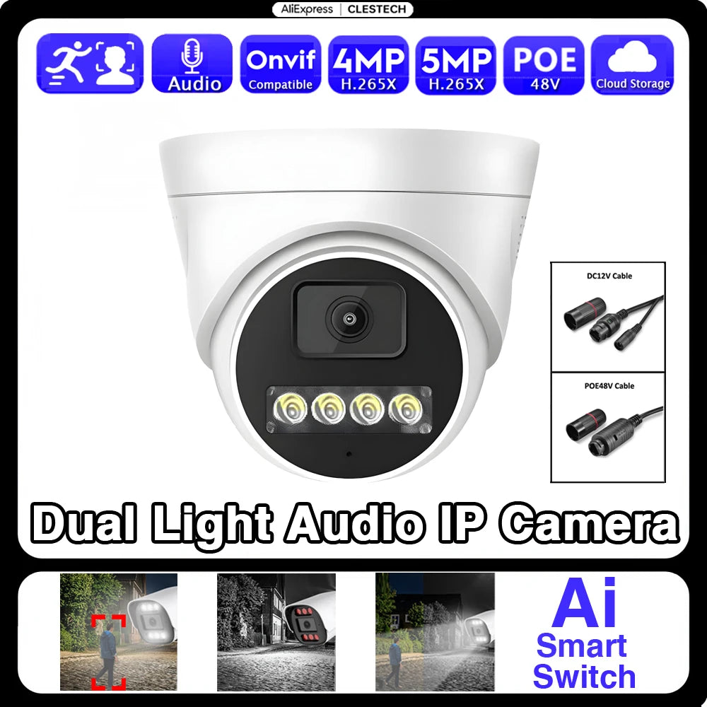 AI Audio IP POE Camera 5MP 4MP H.265 HD Infrared Full Color Dual Light RTSP ONVIF XMEye Outdoor Waterproof Security System with