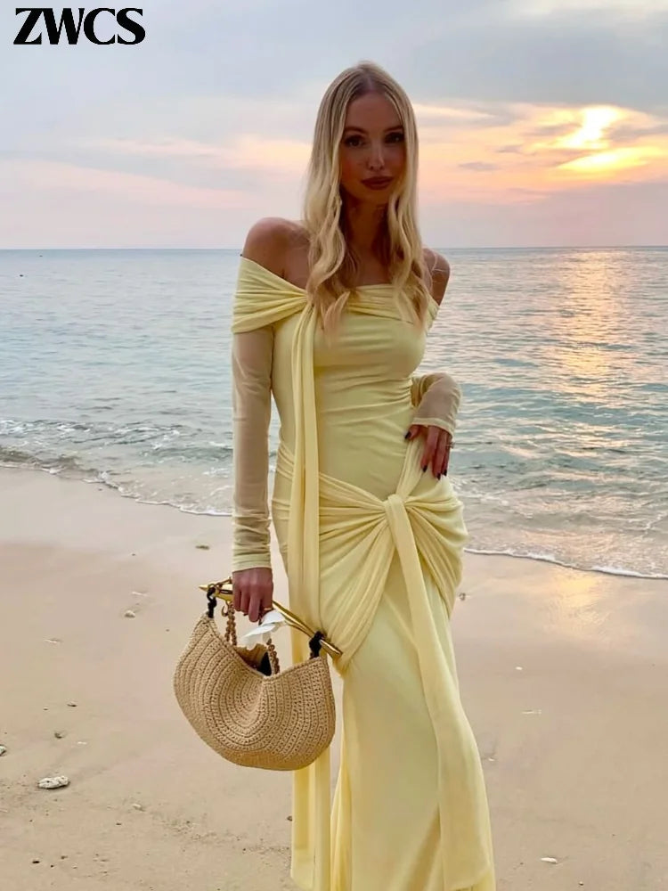 Yellow Pleated Off-shoulder Ribbon Dress Women's Sexy Lace Up Full Sleeve Bodycon Dresses 2025 Autumn New Elegant Party Vestidos