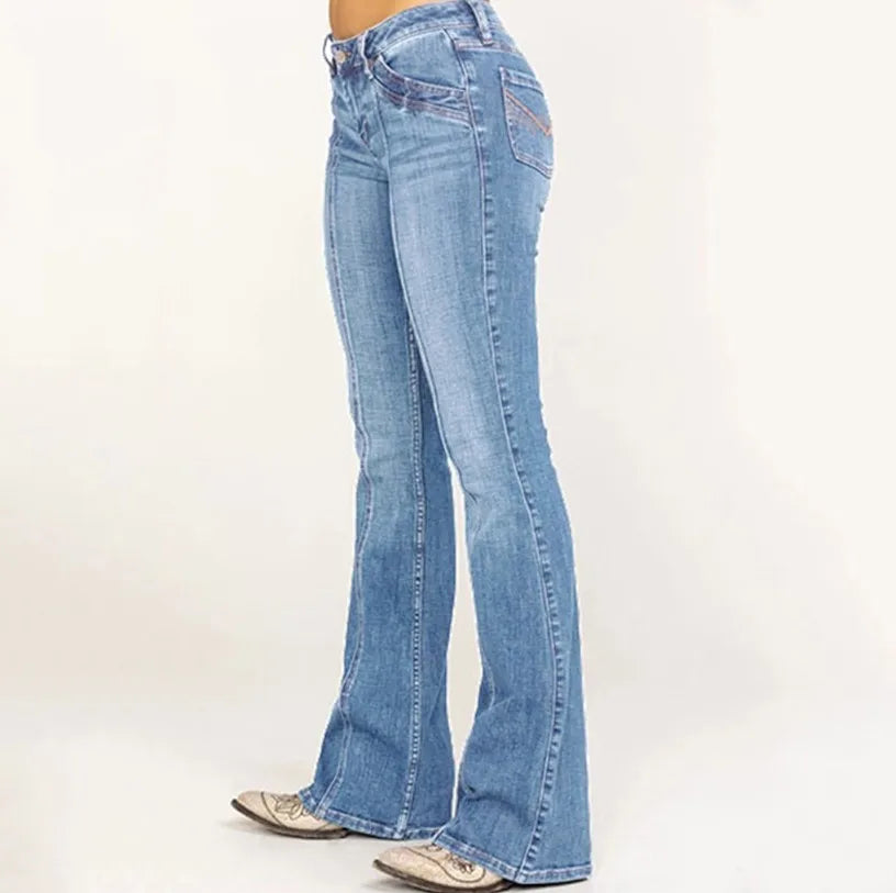 European American Women Low Waist Ripped Flared Jeans Slim Fit Fashion Casual Stretch Denim Long Pants