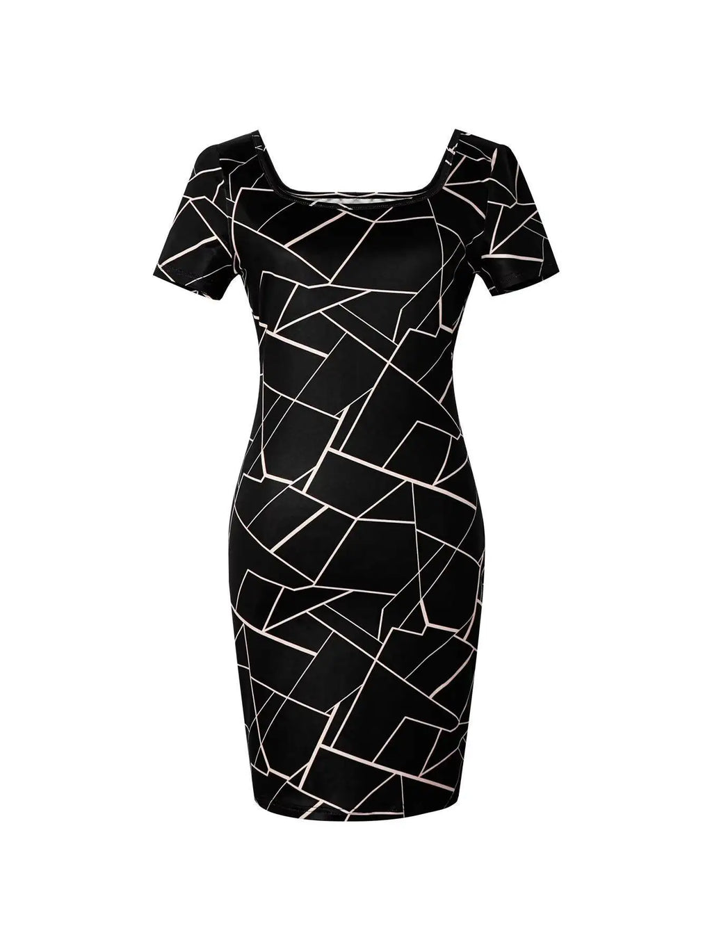 Women Dress Square Neck Short Sleeve Geometric Print Bodycon Mini Dress Sleek Spring Summer Chic Party Club Night Out Flattering